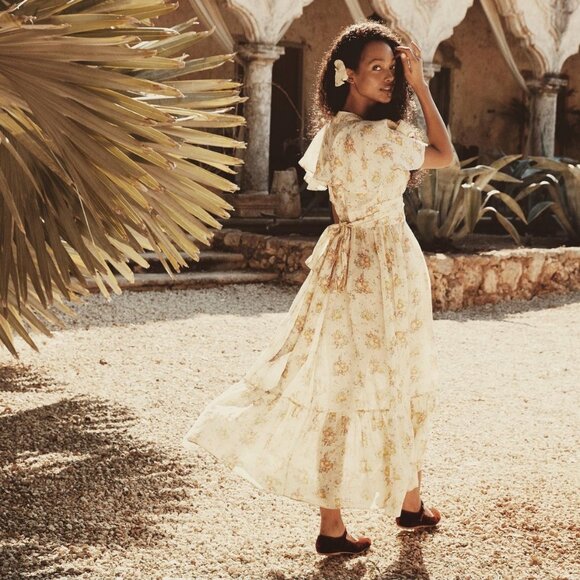 DÔEN Tarragon Floral Maxi Dress NWT Size M Yellow Prairie Flutter Sleeve - Picture 2 of 12